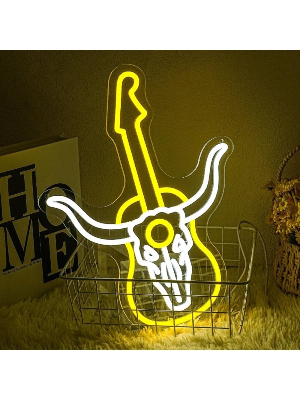 Guitar Longhorn Skull Neon Sign Yellow Halloween LED Light Guitar Skull Neon